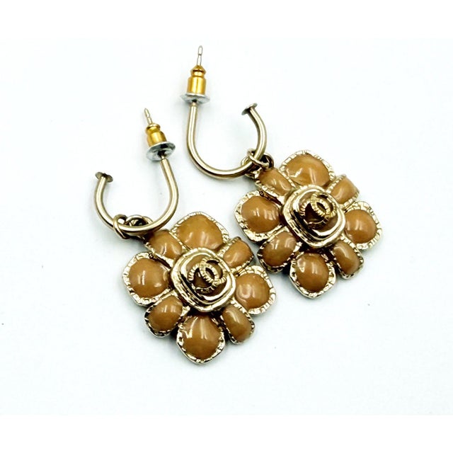 Chanel Gold CC Peach Flower Dangle Hoop Piercing Earrings *Marked 08 *Made in France -It is approximately 0.75" x 1.25"...