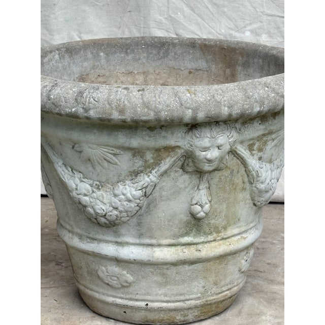 American Mid 20th Century Pair of Neoclassical Cast Stone Garden Urns With Mask and Garland Motifs For Sale - Image 3 of 13