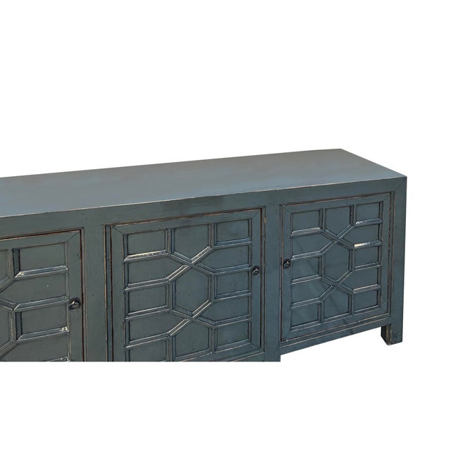 Abstract Distressed Gray Lacquer Cross Lattice Pattern Doors Sideboard Console Cabinet For Sale - Image 3 of 5