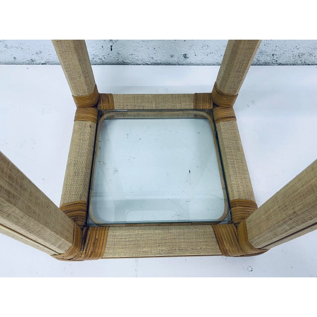 Rattan and Raffia Pedestal Table With Glass Inserts For Sale - Image 11 of 13