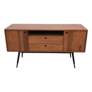 Scandinavian Designs Lanson Sideboard 59 In, Solid Poplar, Light Walnut With Brass-Capped Legs For Sale