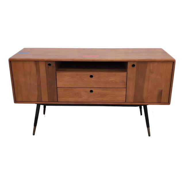 Scandinavian Designs Lanson Sideboard 59 In, Solid Poplar, Light Walnut With Brass-Capped Legs For Sale