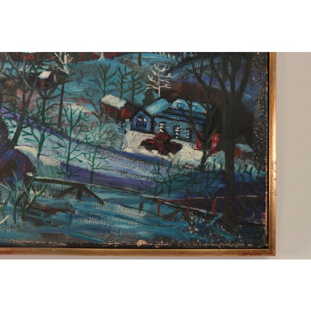 Abstract Expressionism Country Snow Original Mid Century Naive Painting For Sale - Image 3 of 10