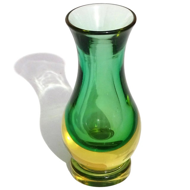 Beautiful vintage Murano hand blown Sommerso yellow green Italian art glass bud flower vase. Attributed to designers Mario...