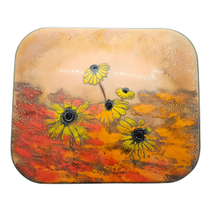 Vintage 1999, Artist Signed, Sunflowers - Enamel on Copper Painting, Lava Style Art