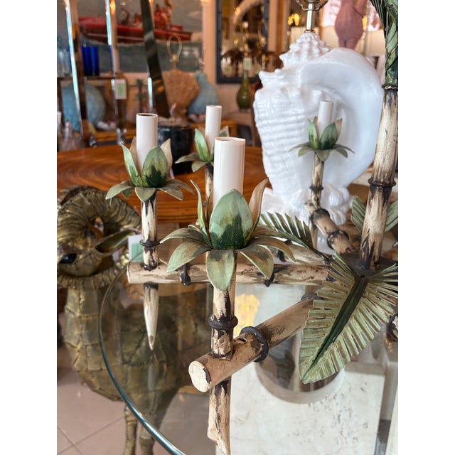 Vintage Tole Metal Palm Beach Tree Leaf Leaves 8 Light Chandelier For Sale - Image 9 of 17