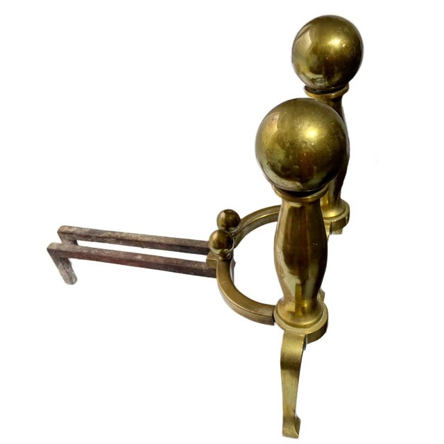 Antique Federal Cannonball Solid Brass Fireplace Andirons & Damper Hook Lovely set of solid brass & cast iron andirons and...