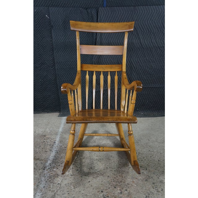 Antique Early American Country Farmhouse Oak & Maple Spindle Back Rocking Chair For Sale - Image 4 of 18