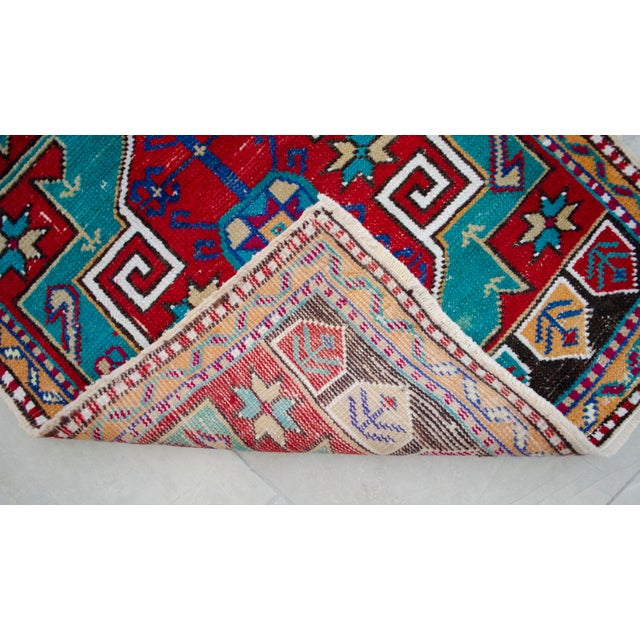 1960s Vintage Small Turkish Rug Turquoise Kitchen Bathtoom Entry Decor 2x4 Ft Approx For Sale - Image 9 of 13