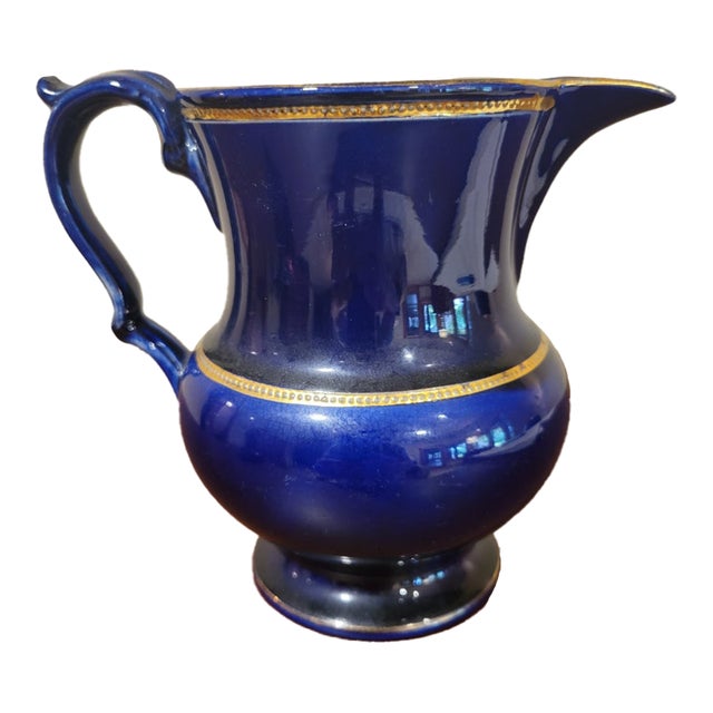 Antique Cobalt Blue Lustreware Pitcher For Sale