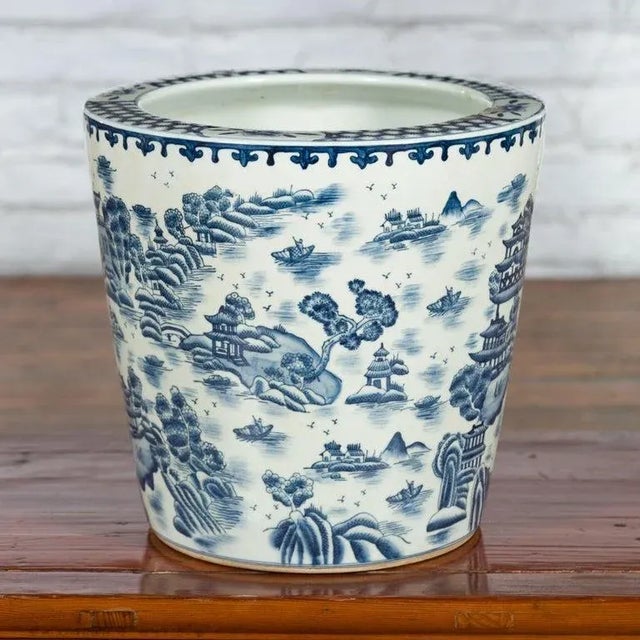 Vintage Porcelain Cache-Pot Planter with Blue & White Mountainous Landscape For Sale - Image 12 of 13