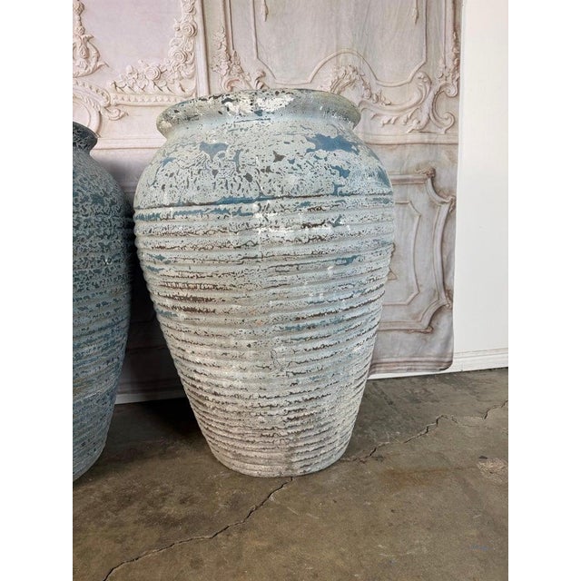Mid 20th Century Pair of Antique Weathered Terracotta Garden Urns With Blue Patina For Sale - Image 5 of 12