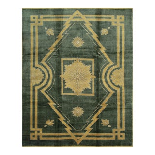 9x12 Sloane Louie Moss Green Medallion Modernist Hand Knotted Wool Carpet Rug For Sale