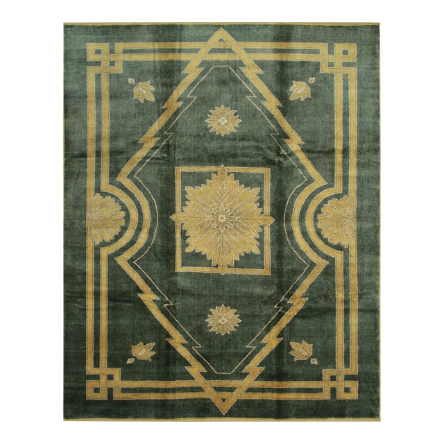 9x12 Sloane Louie Moss Green Medallion Modernist Hand Knotted Wool Carpet Rug For Sale