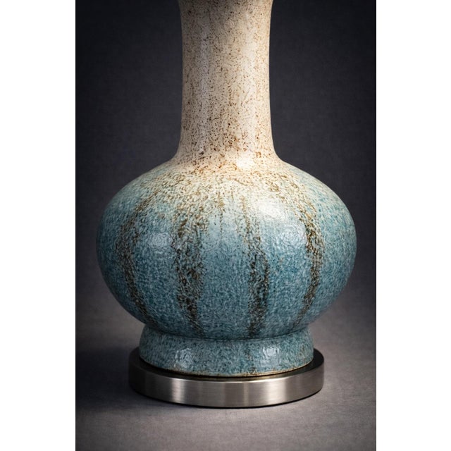 Late 20th Century Late 20th Century Hand-Glazed Ceramic Table Lamp With Blue Reactive Glaze and Linen Drum Shade For Sale - Image 5 of 8