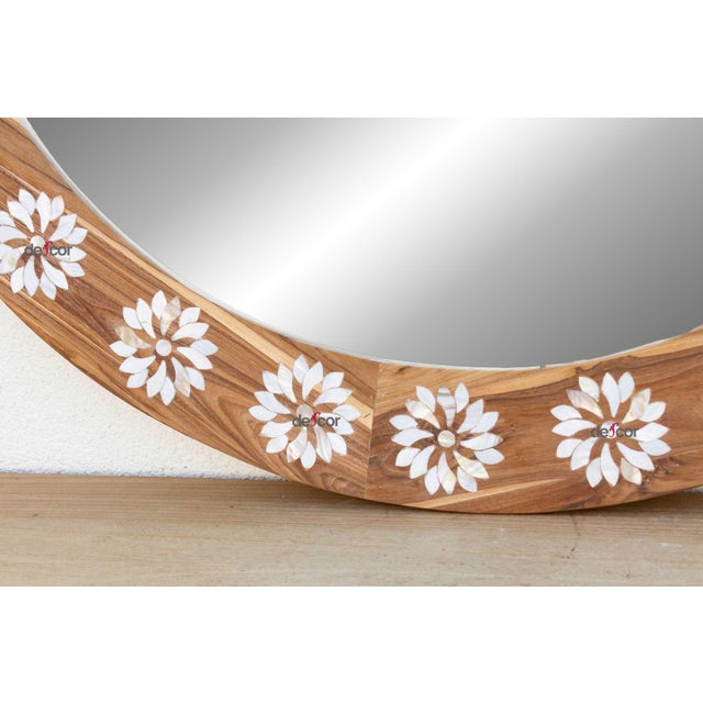 Large Teak Mother of Pearl Inlay Round Mirror For Sale - Image 4 of 8