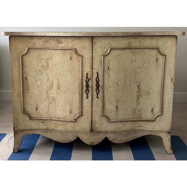Ardley Hall Distressed Two-Door Cabinet / Entertainment Console in Antiqued Cream Finish, Attributed For Sale - Image 4 of 6