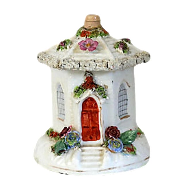 19th Century English Staffordshire Cottage Pastille Burner modeled as a quaint garden cottage. Hand-painted floral...