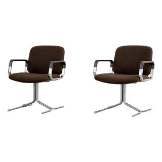 Mid-Century Modern German Modern Brown Fabric and Aluminum Chairs by Herbert Hirche for Mauser Werke Waldeck, 1970s, Set of 2 For Sale