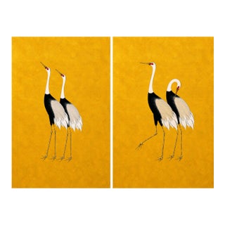 Japanese Crane Diptych, Oversized Gold Wall Art Collection, 40" X 60" For Sale