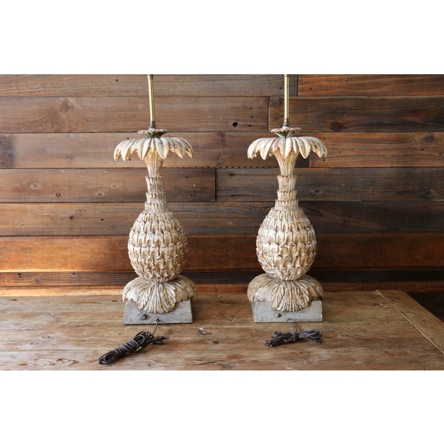 Hollywood Regency Vintage Italian Carved Wood Pineapple Table Lamps — Pair For Sale - Image 3 of 18