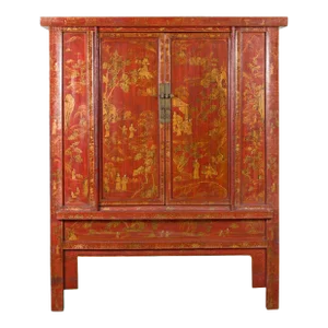 Large Chinese Qing Dynasty 19th Century Red Lacquer Armoire with Gilt Décor