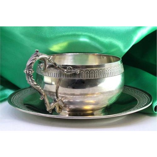 Silver Cup and Saucer with Raised Borders and Cut-Out Handle, Set of 2 For Sale - Image 5 of 7