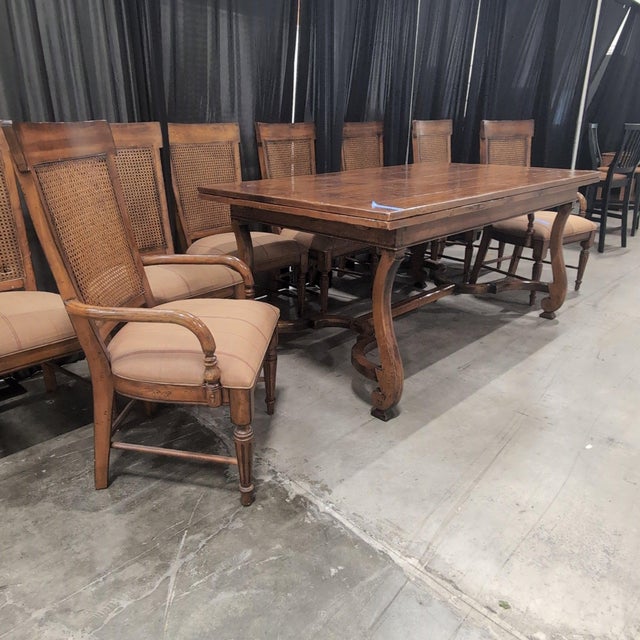 French Country Acquisitions by Henredon 9-Piece Dining Set, Trestle Extension Table and 8 Cane Back Chairs For Sale - Image 3 of 10