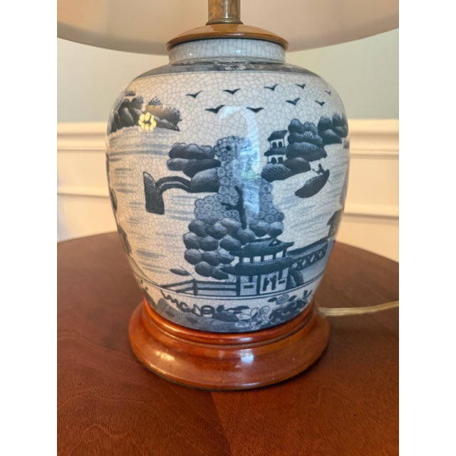 Chinoiserie Vintage Blue & White Crackle Glaze Ginger Jar Table Lamp With Shade For Sale - Image 3 of 9