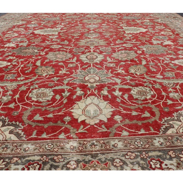 Antique Persian Fine Weave Tabriz in Red Background With Earth Tones 8'5" X 11'8" For Sale In Atlanta - Image 6 of 12