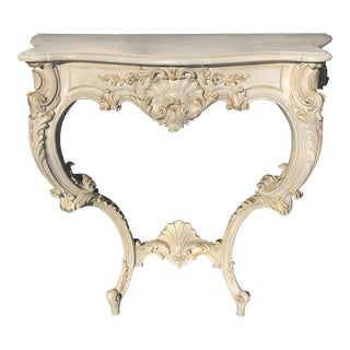 Louis XV Style Relief Carved Antiqued Ivory Painted Parcel-Gilt Console Table For Sale