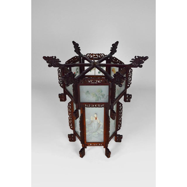Large Antique Asian Carved Wood Lantern with Dragons & Painted Glass Panels, 1900s For Sale - Image 11 of 18