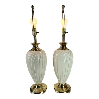 1990's Postmodern Beige Reticulated Ceramic Lamps Brass Sunset Lamp Co. Richards Mfg. - a Pair For Sale