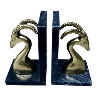 Vintage MCM Gazelle Antelope Brass Marble Bookends For Sale