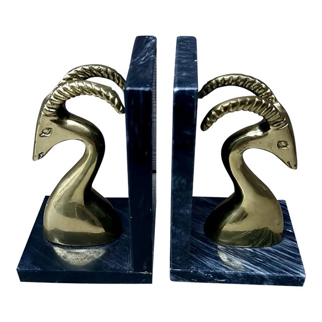 Vintage MCM Gazelle Antelope Brass Marble Bookends For Sale