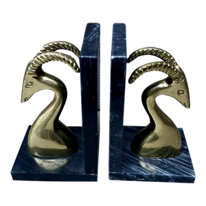 Vintage MCM Gazelle Antelope Brass Marble Bookends