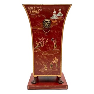 Large 22" Vintage Red Tole Chinoiserie Umbrella Stand or Floor Planter For Sale