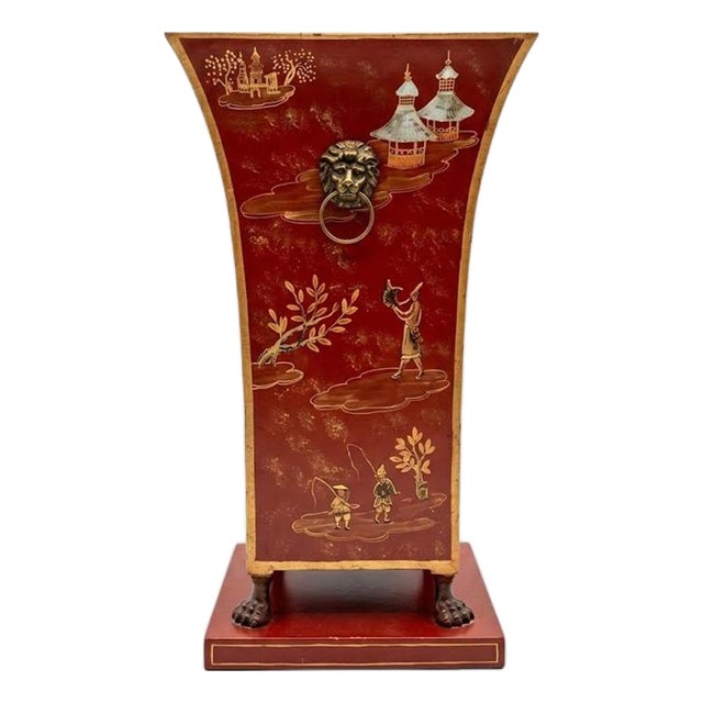 Large 22" Vintage Red Tole Chinoiserie Umbrella Stand or Floor Planter For Sale