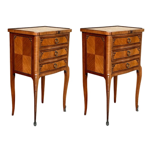 Antique Louis XV French Marquetry Marble Top Nightstands, Set of 2 For Sale