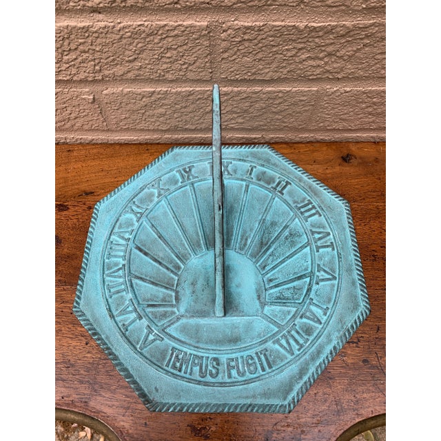 Maitland - Smith Antique Style Verdigris Sundial "Tempus Fugit" – Neoclassical Garden Accent For Sale - Image 4 of 7