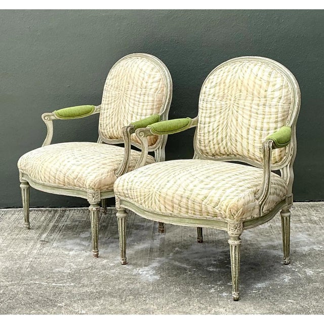 Ivory Vintage Louis XVI Style Printed Swag Armchairs - Pair For Sale - Image 8 of 12
