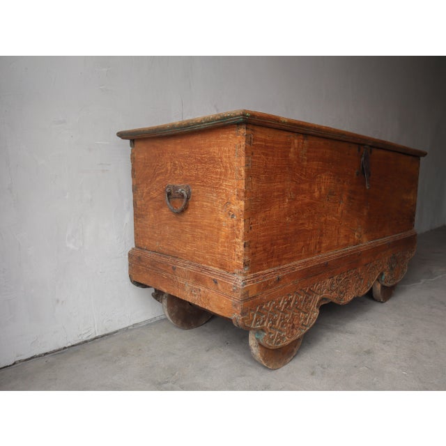 Brown Massive 5ft Antique Carved Teak Wheeled Dowry Chest For Sale - Image 8 of 11