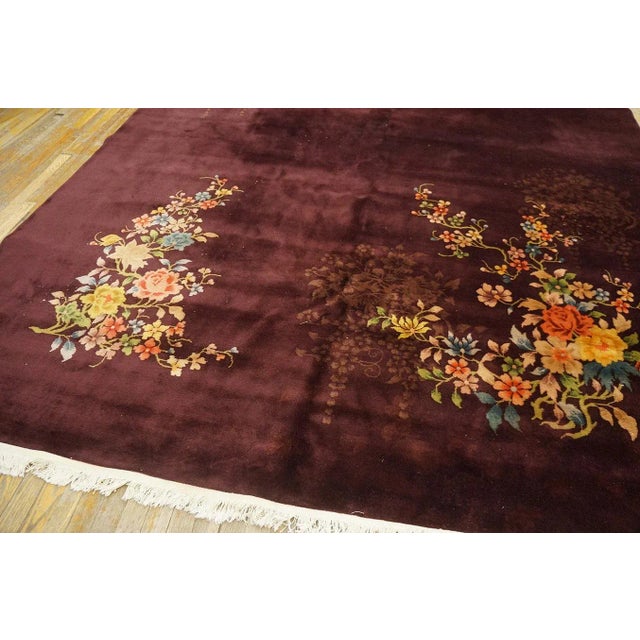Textile 1920s Red Wine Floral Antique Chinese Art Deco Rug 8'8" X 11'4" Knotted Pile Wool Carpet For Sale - Image 7 of 12