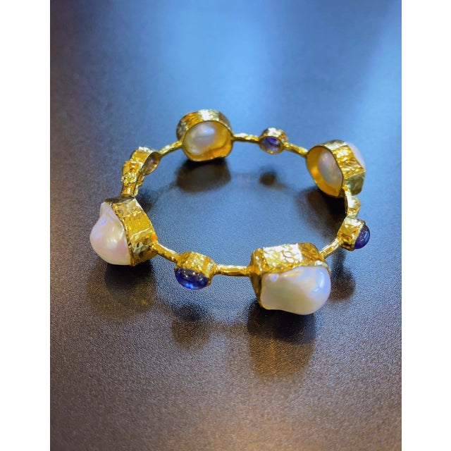 Bochic “Capri” Vintage Ruby, Blue Opal & South Sea Pearl Bangle in 18K Gold & Silver For Sale - Image 12 of 12