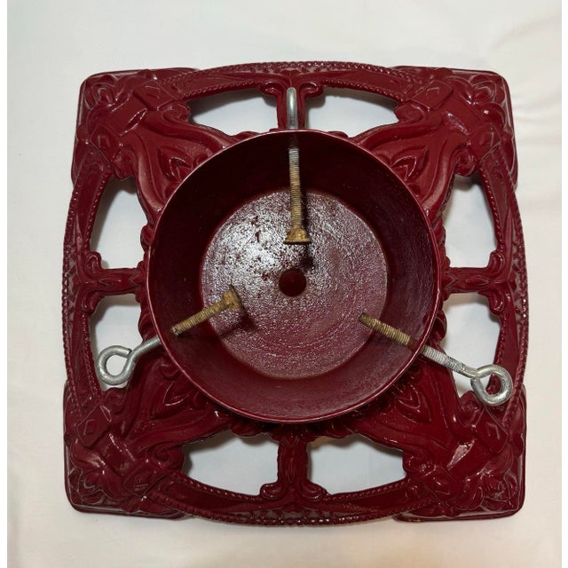 Vintage Red Enameled Embossed Cast Iron Christmas Tree Stand Large Diameter For Sale In Phoenix - Image 6 of 9