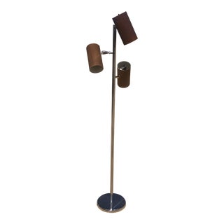 1970’s Chrome and Wood 3-Can Adjustable Floor Lamp For Sale