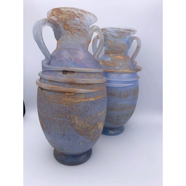 Blue Pair of Mid-Century Murano Blue Scavo Glass Amphora Vases. For Sale - Image 8 of 13