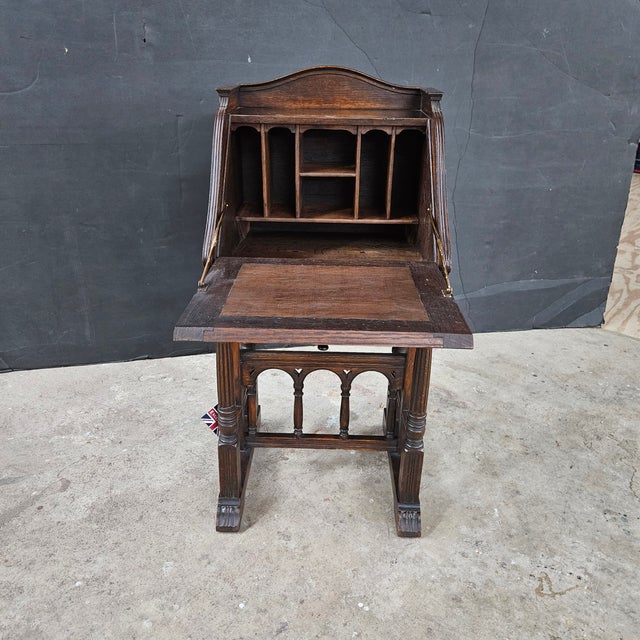 Brown Antique Oak Secretary/Bureau/Lecturn With Carved Front Fall on Turned Leg Base For Sale - Image 8 of 17