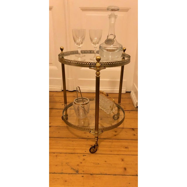 Antique Style Round Brass Bar Cart with Smoked Glass Tops, 1950s For Sale - Image 15 of 15