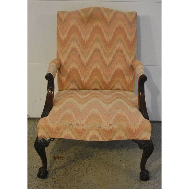 Late 20th Century Hickory Chair Mahogany Chippendale Arm Chair Flame Stitched Fabric Claw & Ball For Sale - Image 5 of 5
